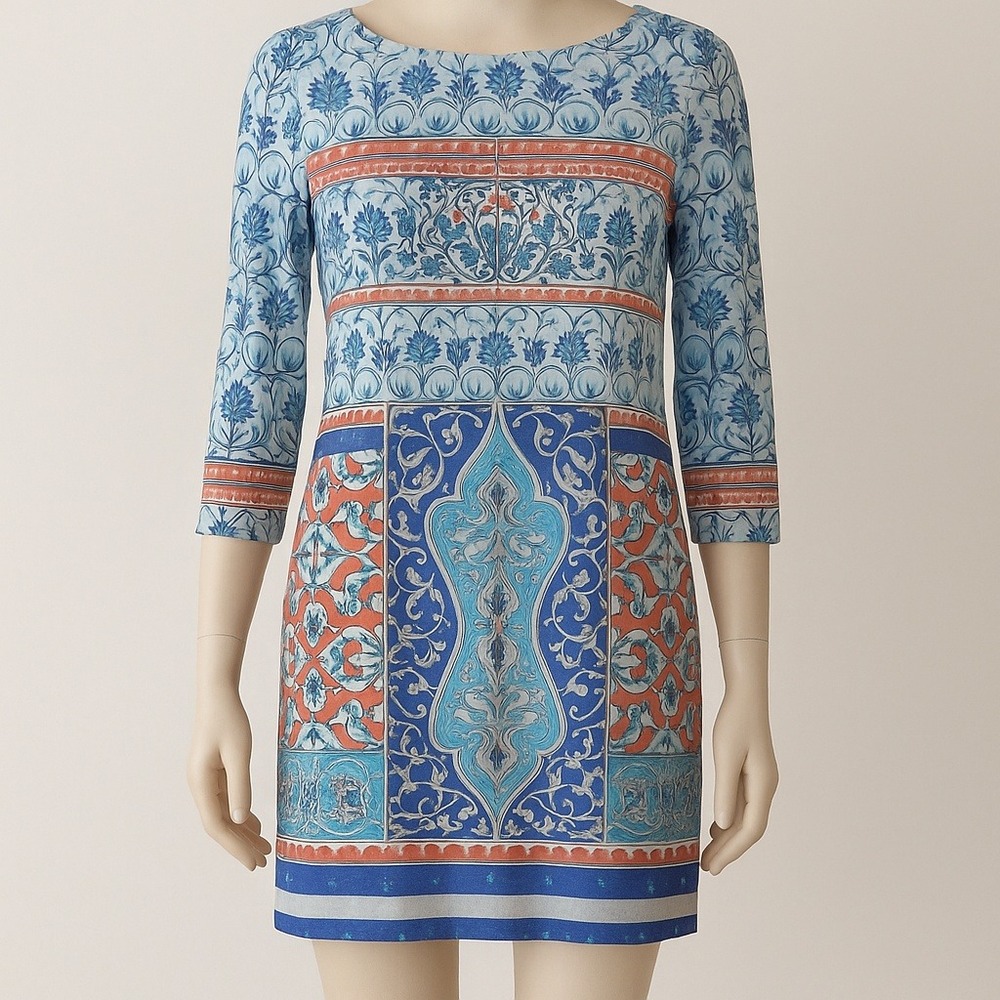 Isle by Melis Kaptan L Tile Print Boho Shift Dress Blue Orange Mosaic Artsy Boho